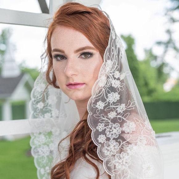 Embroidered net lace wedding mantilla veil - ivory
